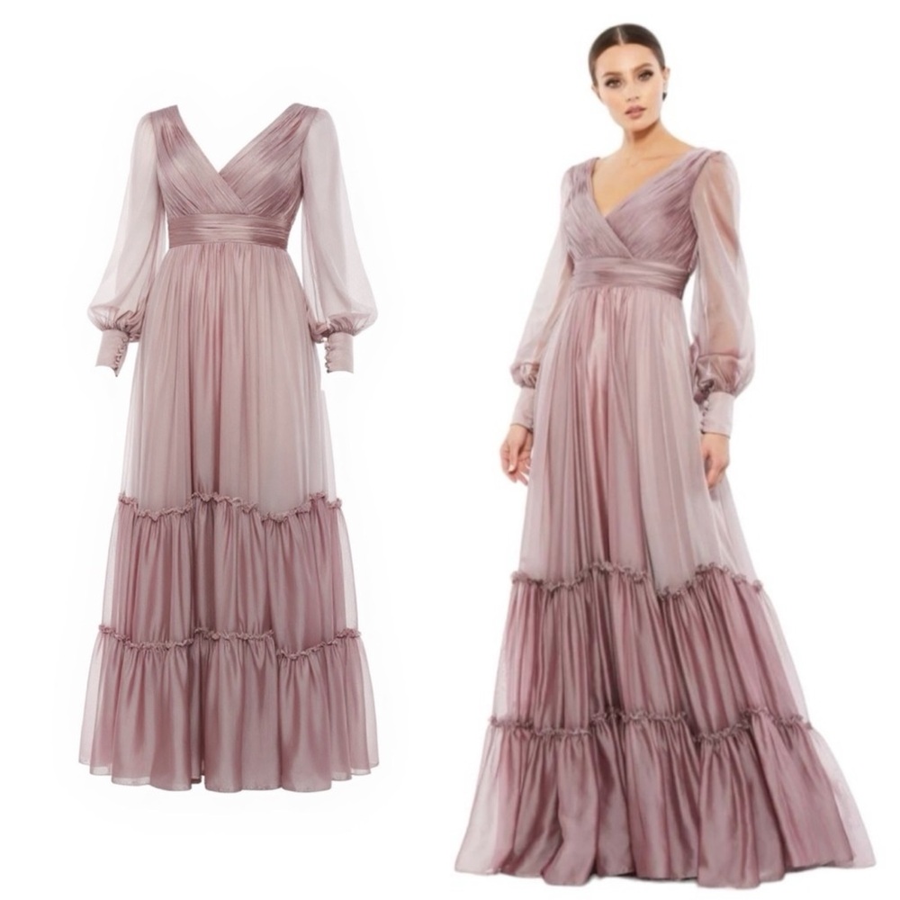 Mac Duggal Surplice Tiered Gown - Pink Ruched Bishop Sleeve Gown